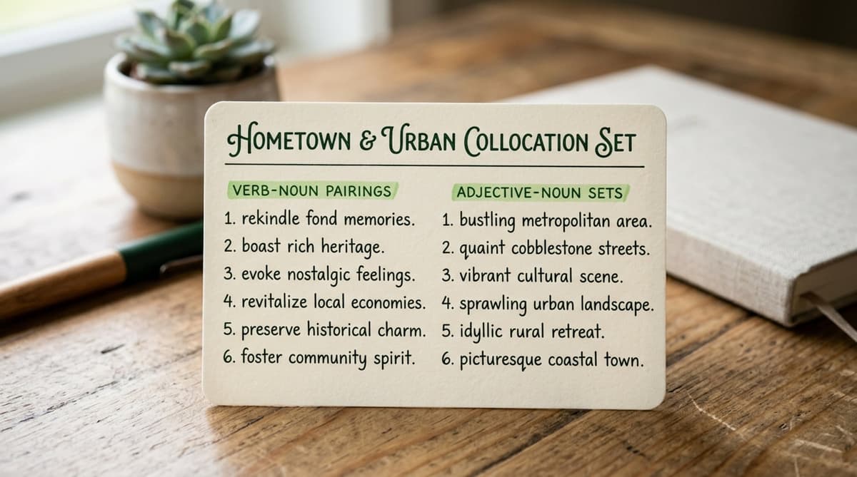 A study card showing a central topic 'Hometown' with radiating collocations like 'bustling city', 'close-knit community', 'local amenities', 'sense of belonging'.