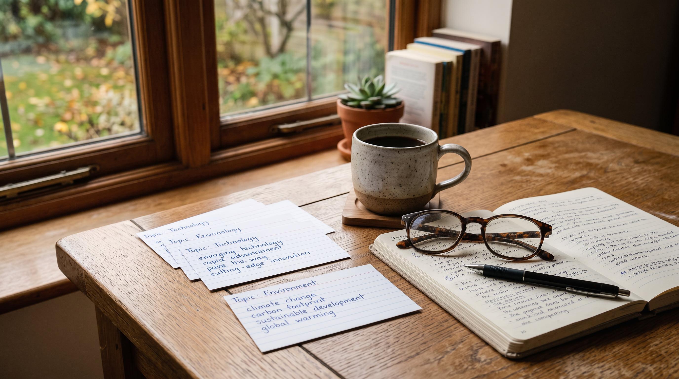 Speaking preparation cue cards and vocabulary notes on a wooden desk