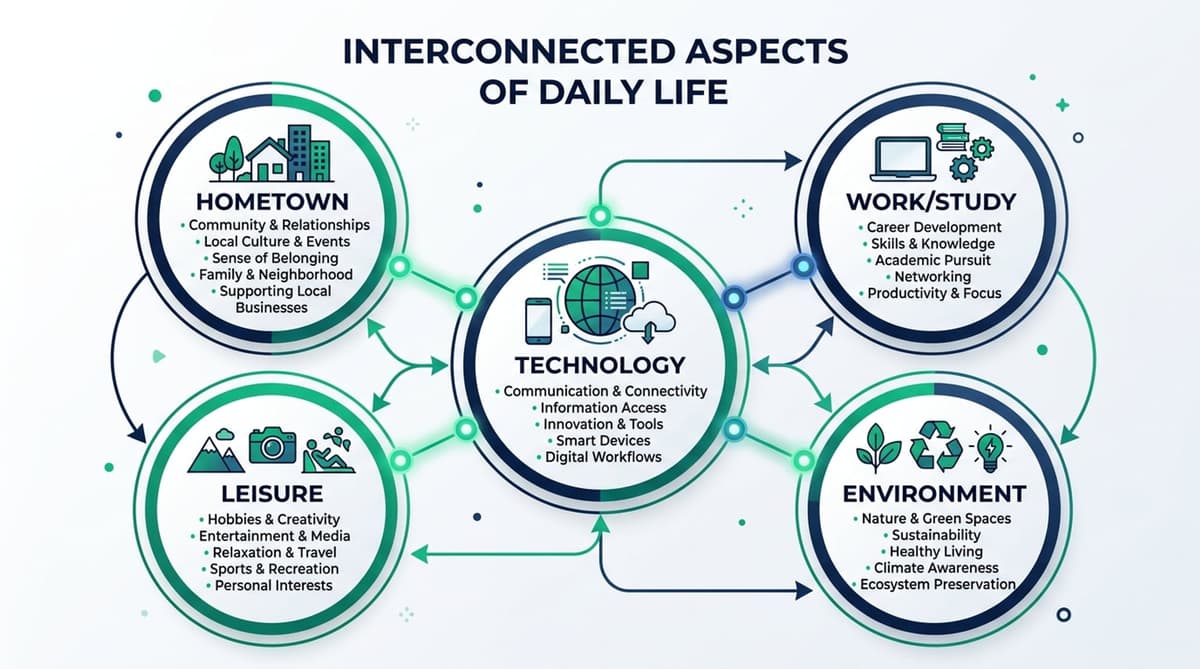Illustration of five interconnected spheres representing Hometown, Work/Study, Technology, Leisure, and Environment.