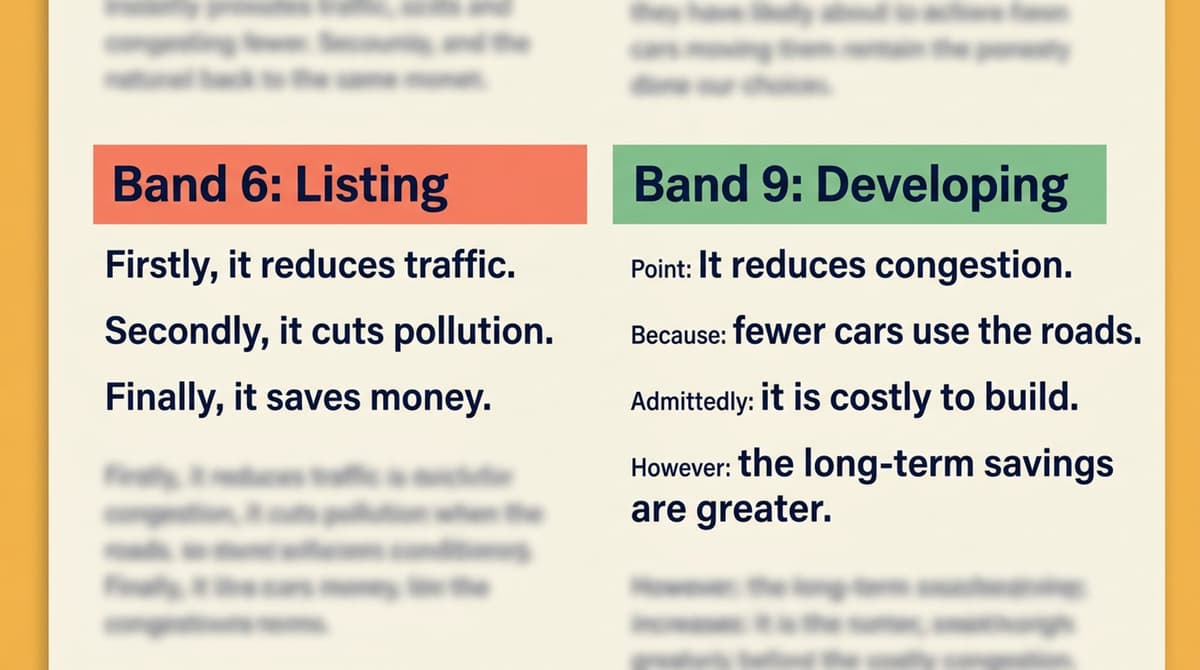 Idea Listing (Band 6.0) vs Idea Development (Band 9.0).
