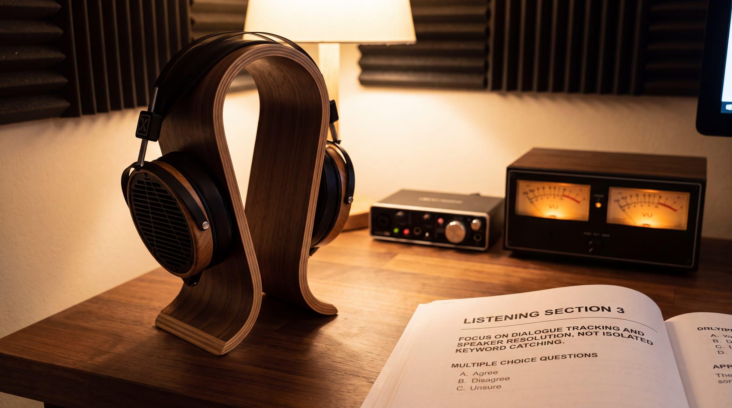 Sound engineer studio with audio waveform and IELTS listening test booklet