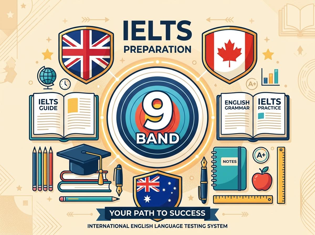 IELTS Band 9 Strategy Target with national flags and study guides