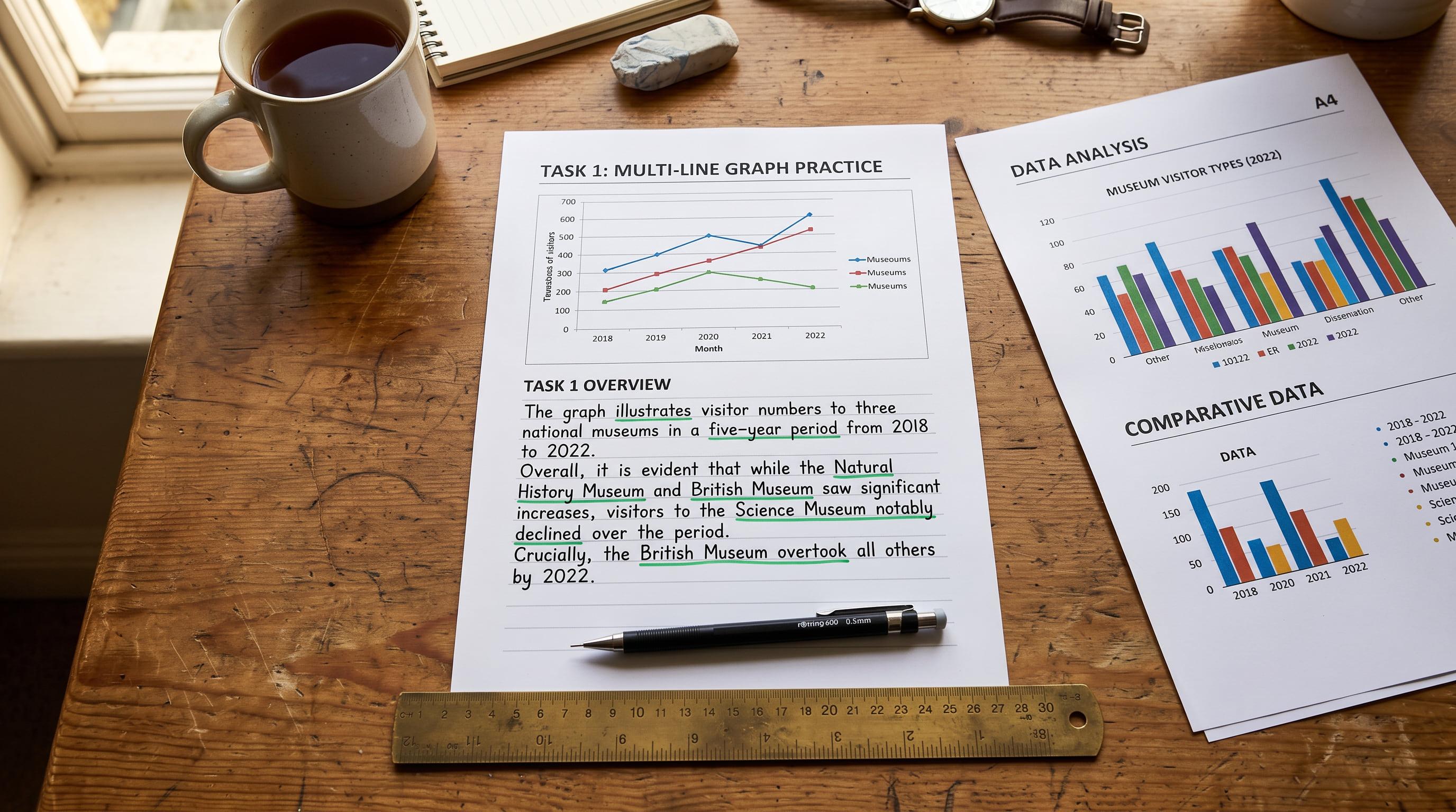 Analytical charts, line graphs, and handwritten Task 1 report on a desk