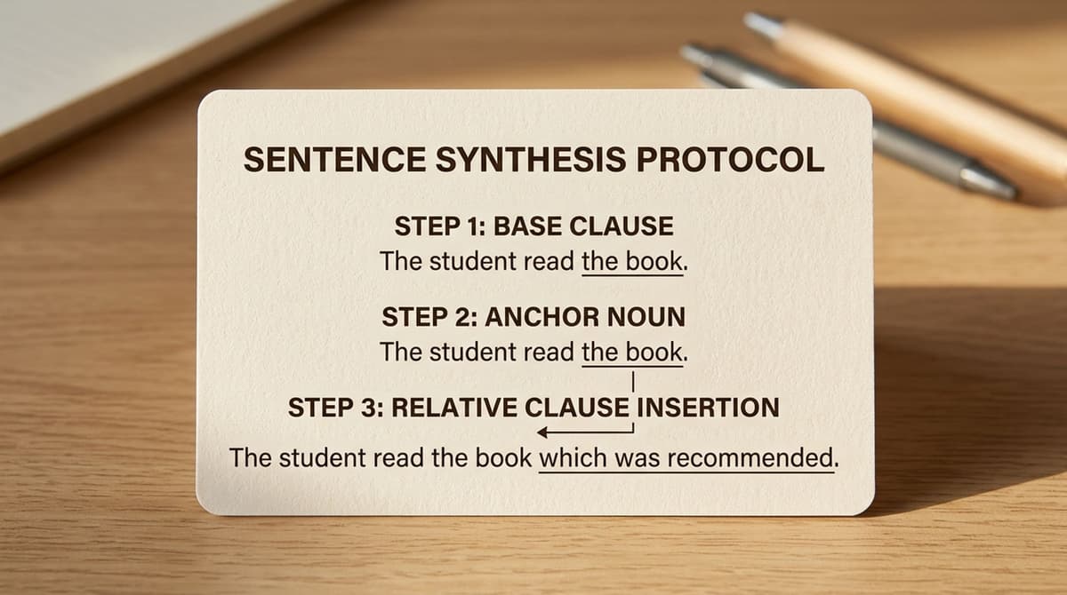 A workbench with tools and papers, illustrating the process of combining sentences.