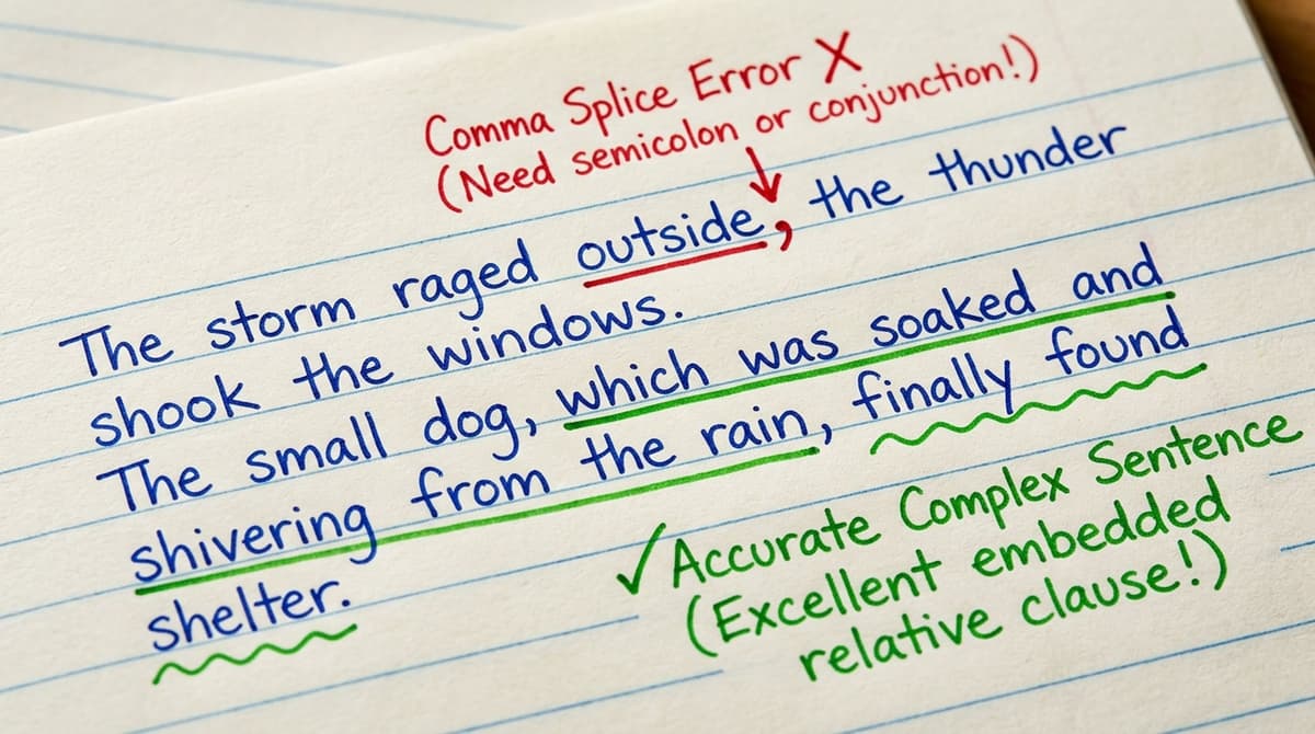 An illustration contrasting a comma splice error with a correctly punctuated embedded relative clause.