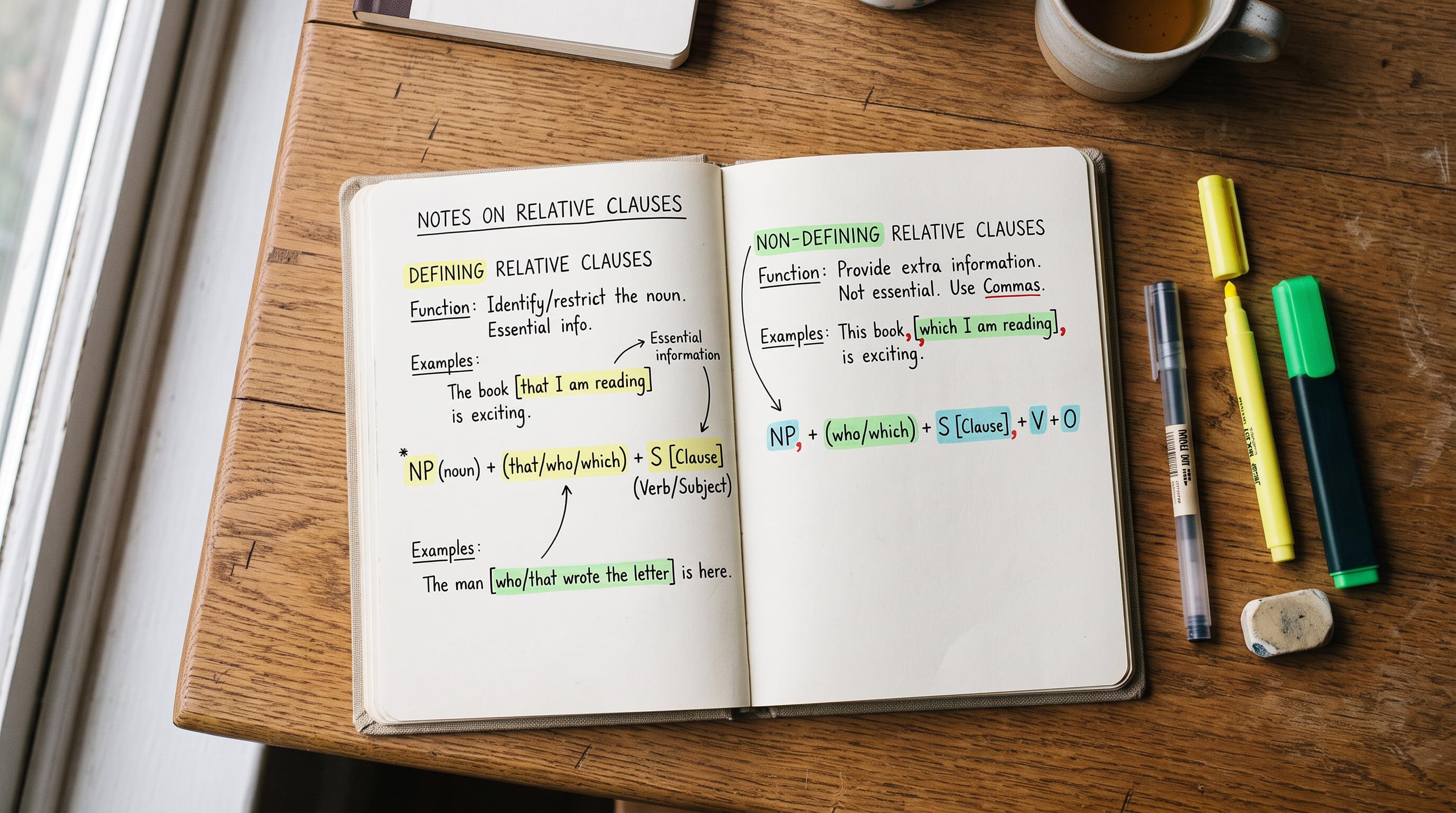 Grammar reference manual and handwritten complex sentences on a desk
