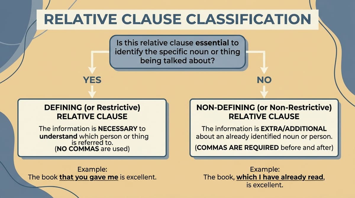 A flowchart showing how to decide between defining and non-defining relative clauses.