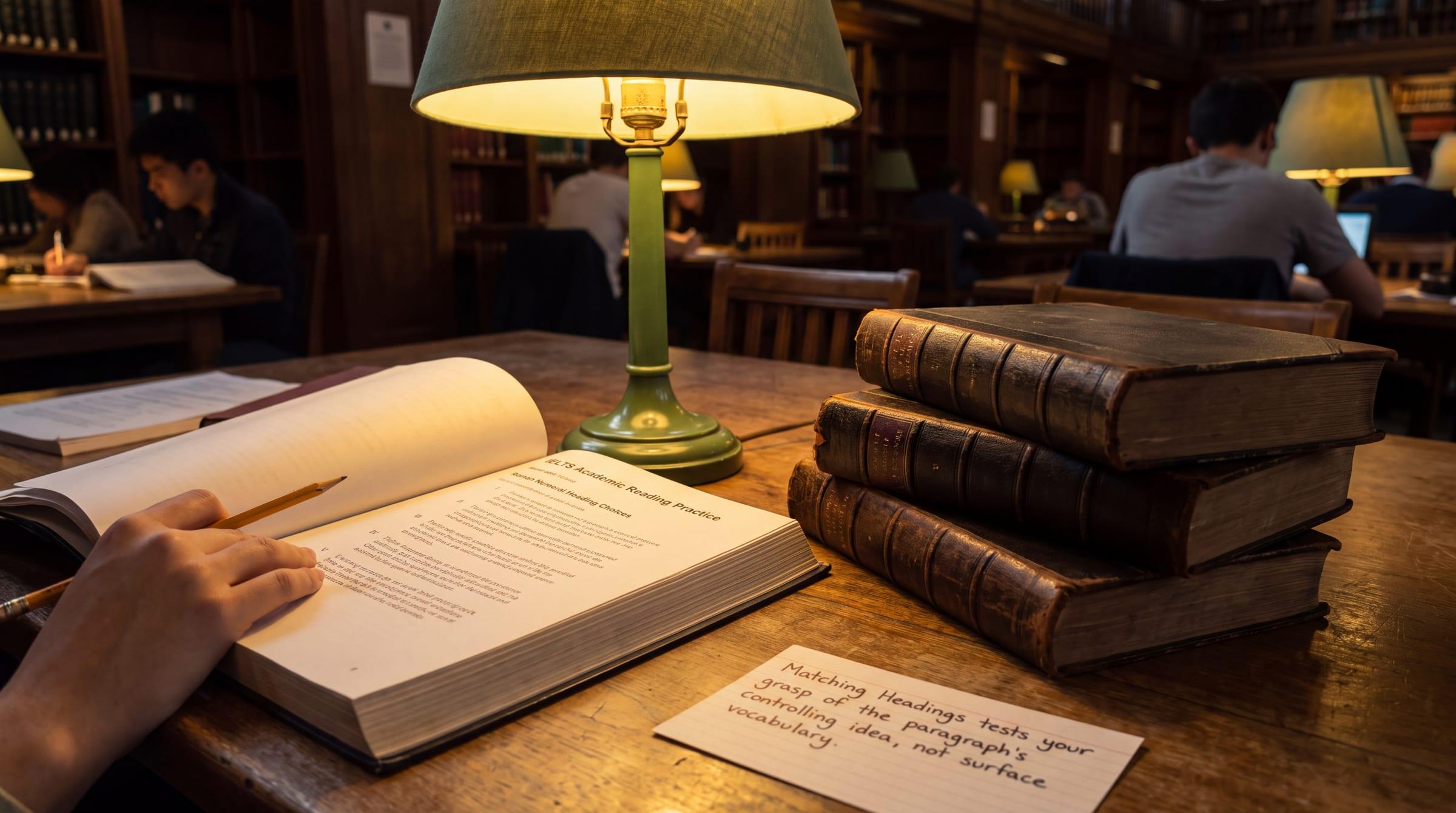 University library desk with academic journal and Roman numeral headings list