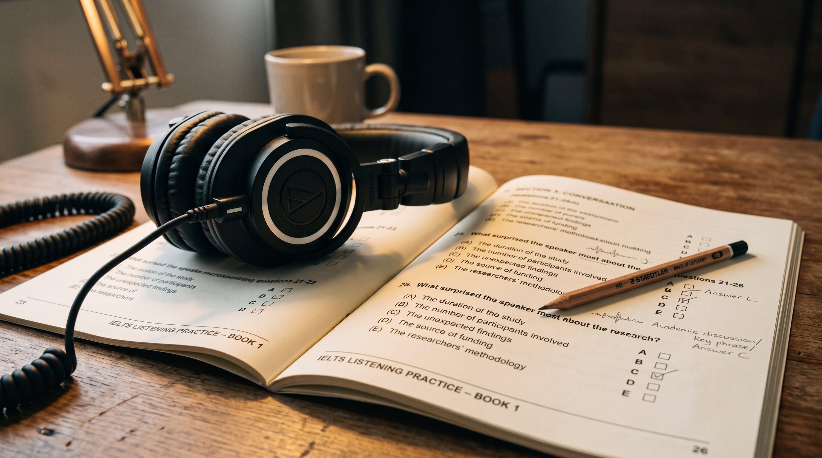 Listening test setup with studio headphones, multiple-choice question paper, and pencil