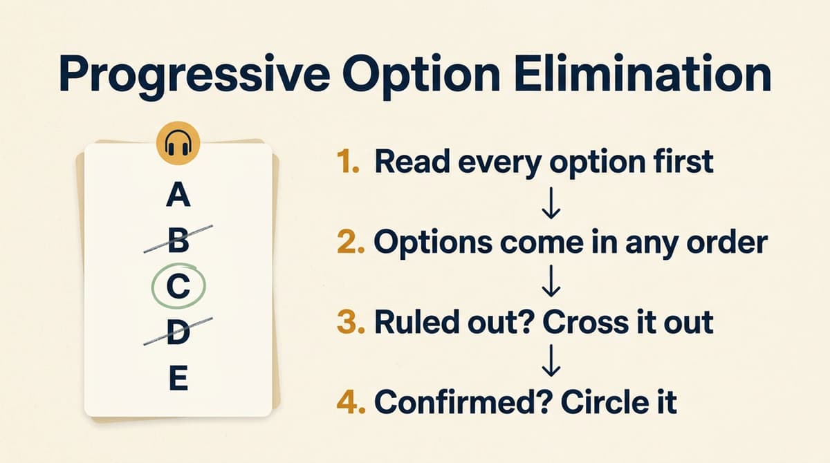 Flowchart showing progressive elimination of multiple choice options as they are spoken