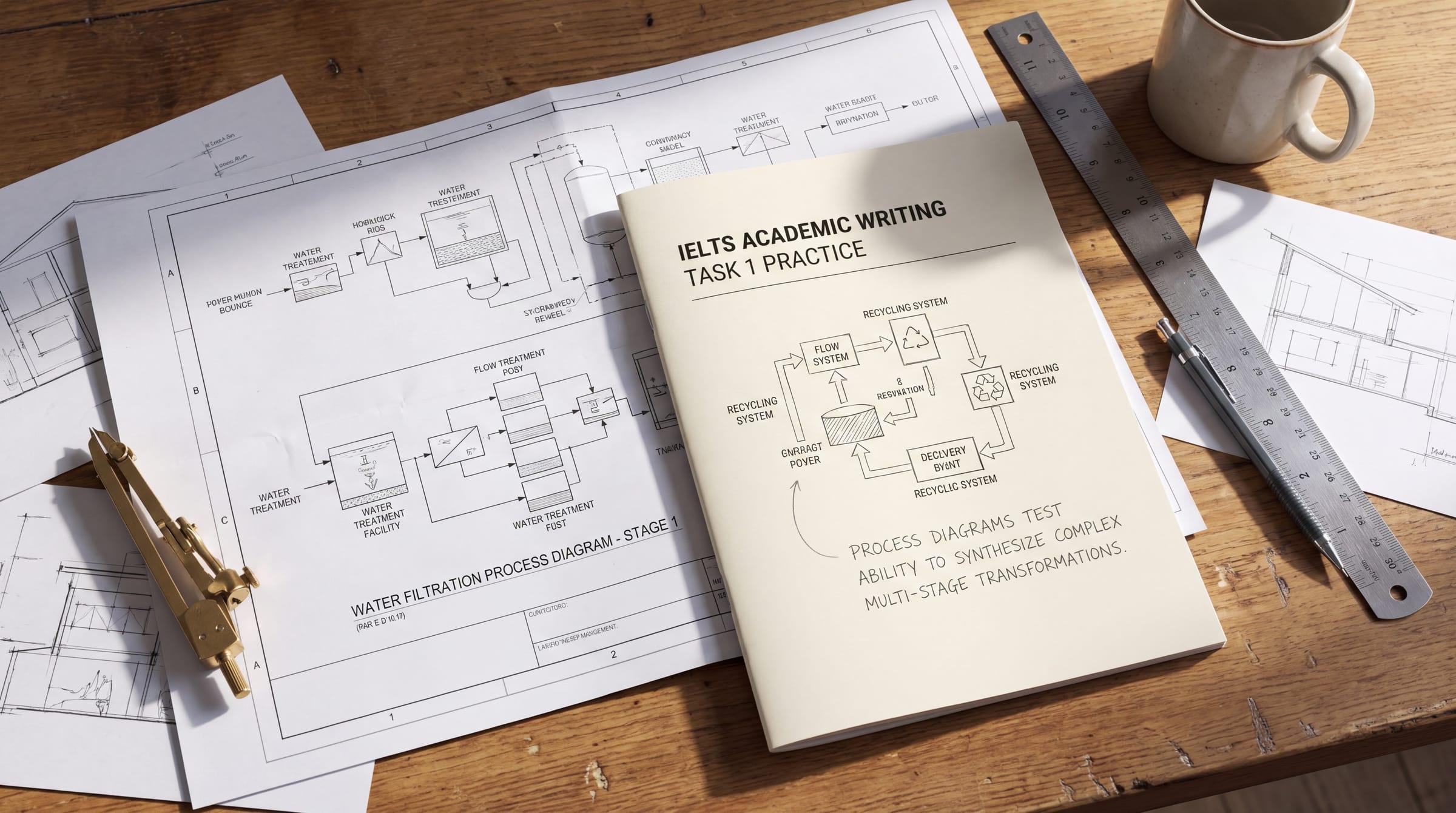 Architectural drawings and manufacturing process flowcharts on study table
