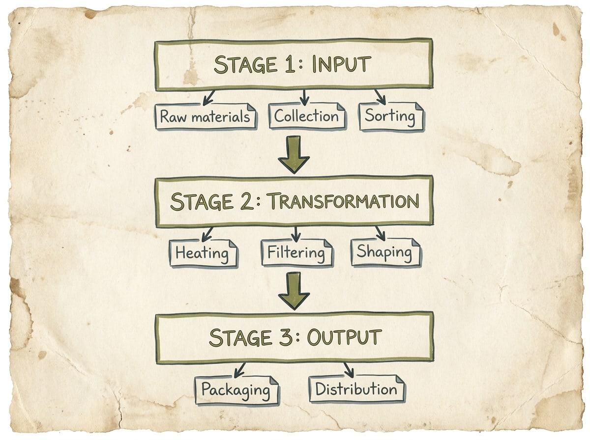 The 3-Tier Process Overview Matrix – Raw Input, Transformation Core, and Final Product.