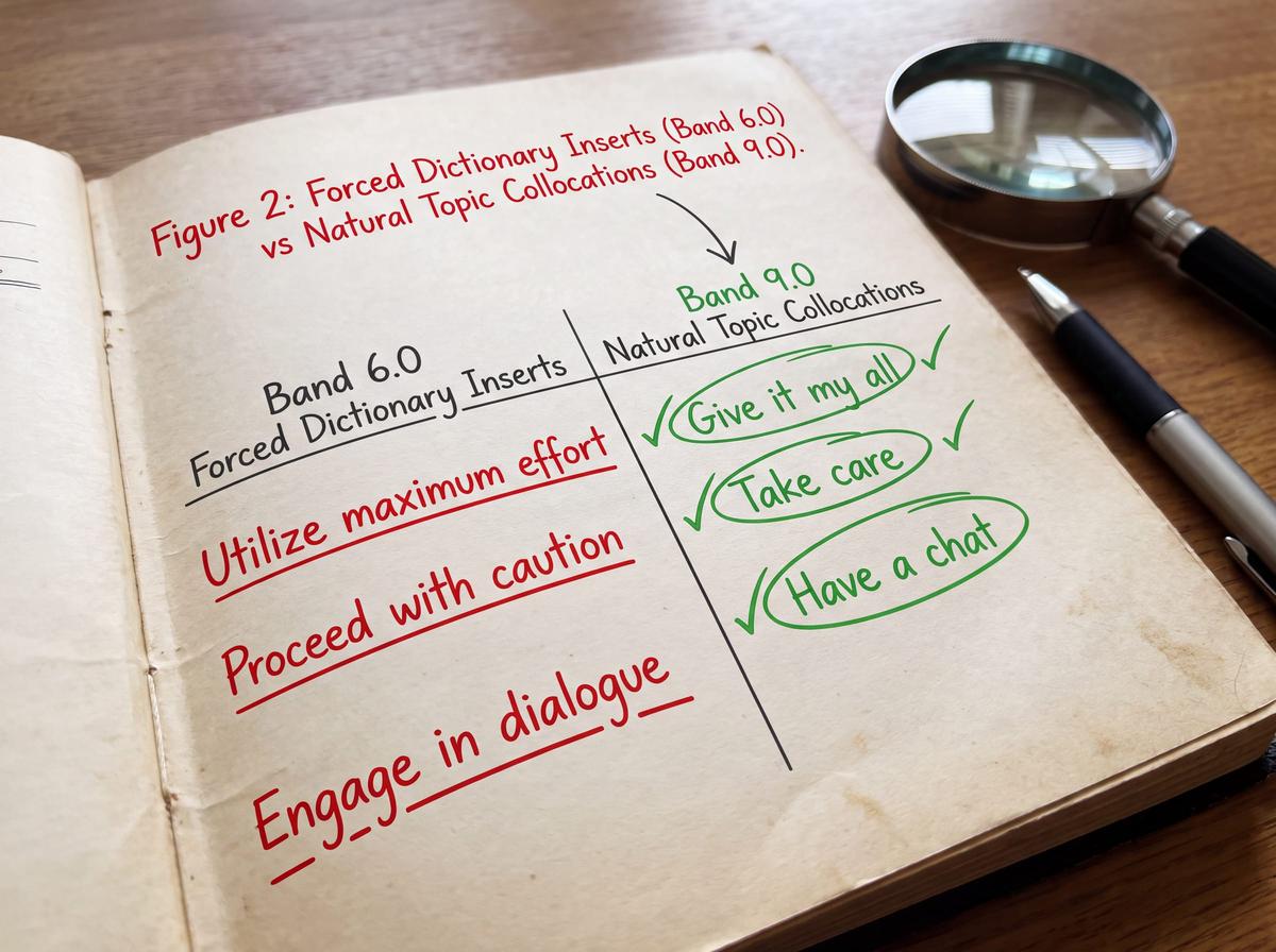 Figure 2: Forced Dictionary Inserts (Band 6.0) vs Natural Topic Collocations (Band 9.0).