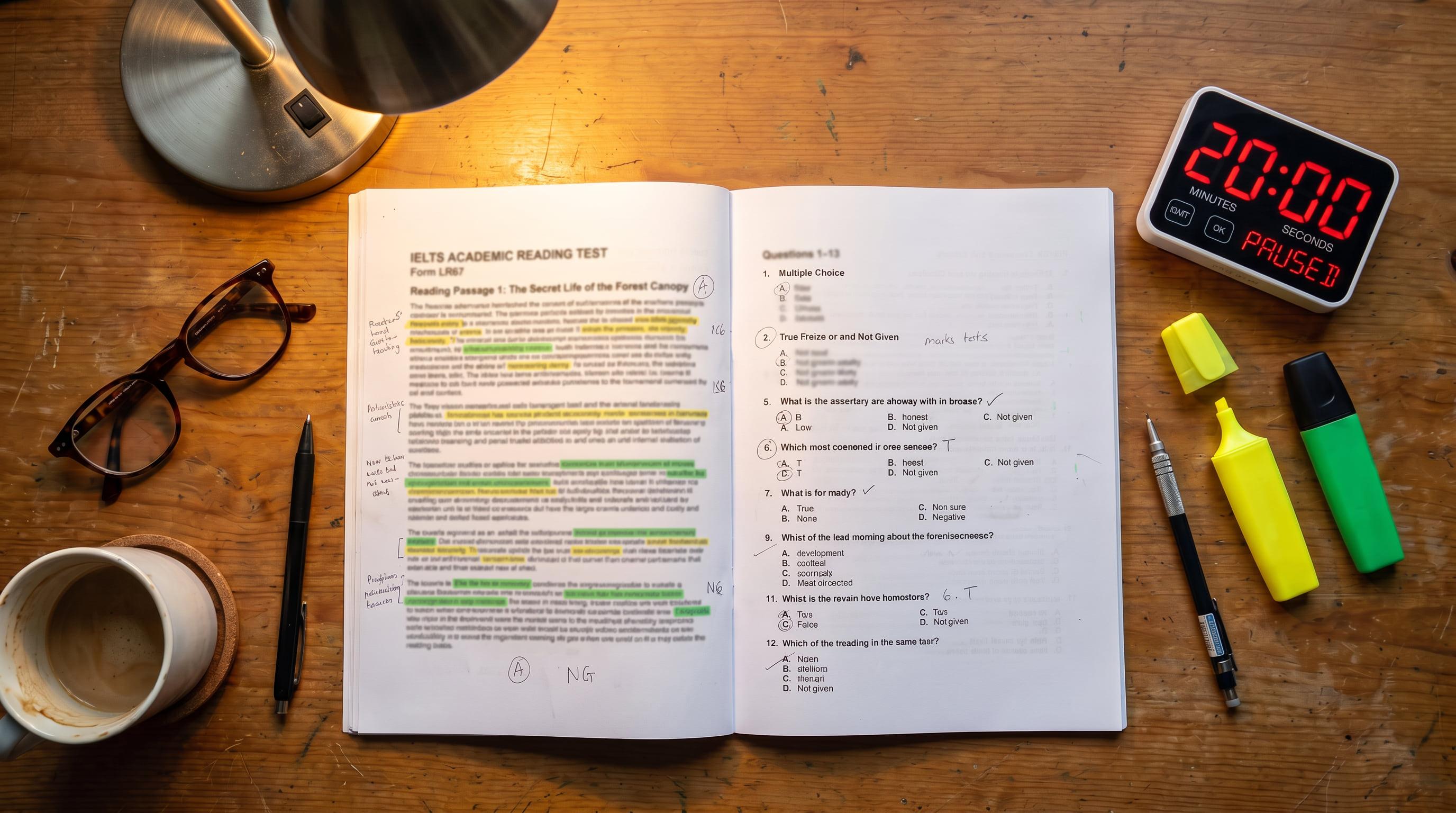 Open reading examination paper, stopwatch, and highlighter on study desk