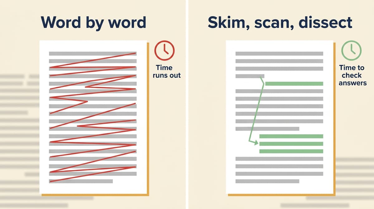 A comparison diagram showing linear word-by-word reading leading to a time deficit, versus funnel triaging leading to timed accuracy.