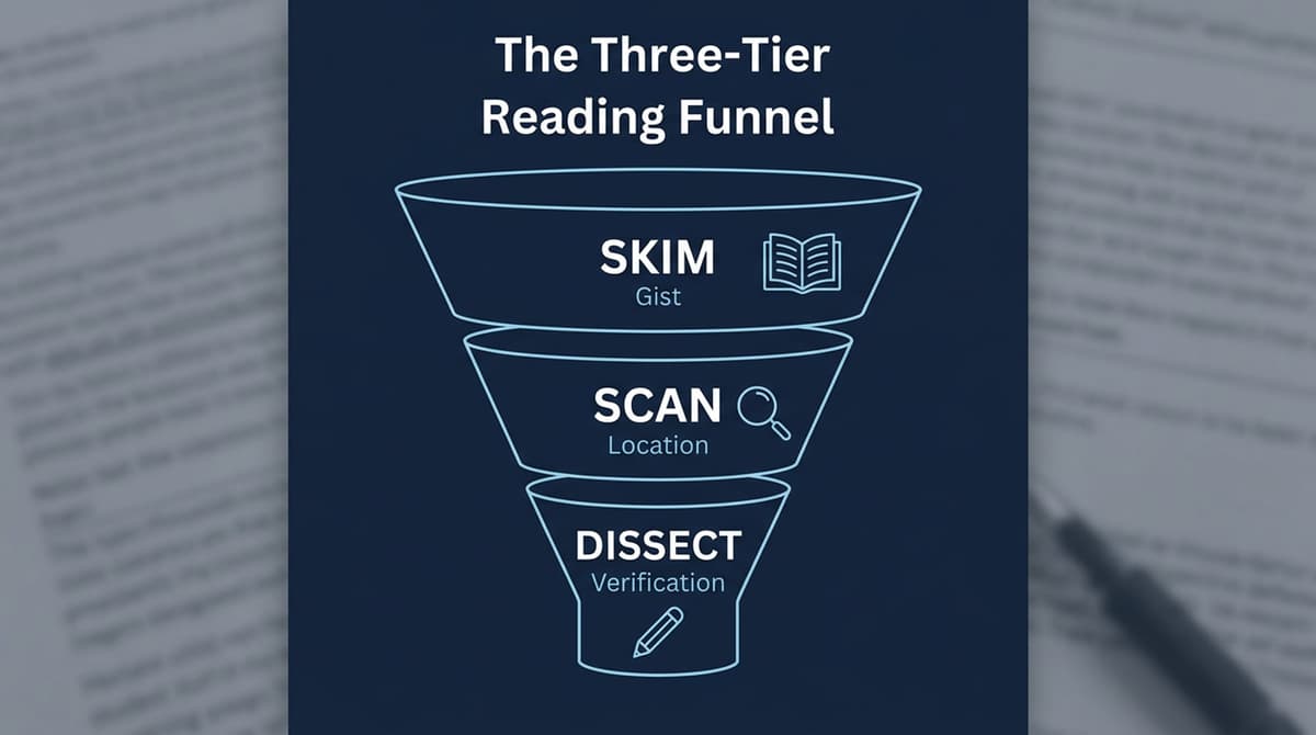 A diagram showing a funnel with three tiers: Skim (Gist), Scan (Location), Dissect (Verification).