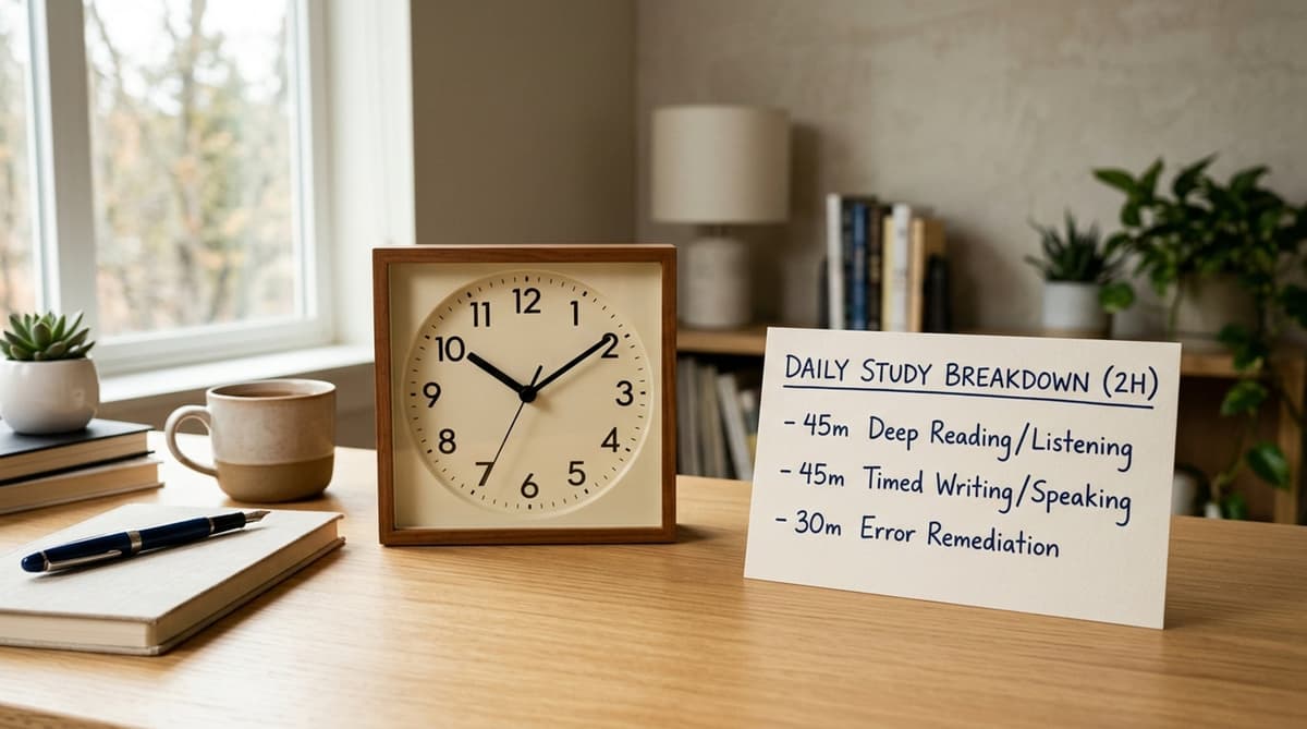A clock showing a daily 120-minute study allocation: 45 minutes for Focused Input, 45 minutes for Production, and 30 minutes for Error Log and Review.