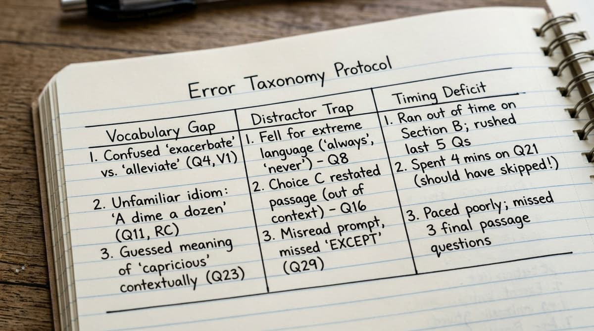 A matrix showing three types of errors: Vocabulary Gap, Distractor Trap, and Timing Deficit, with examples for each IELTS module.