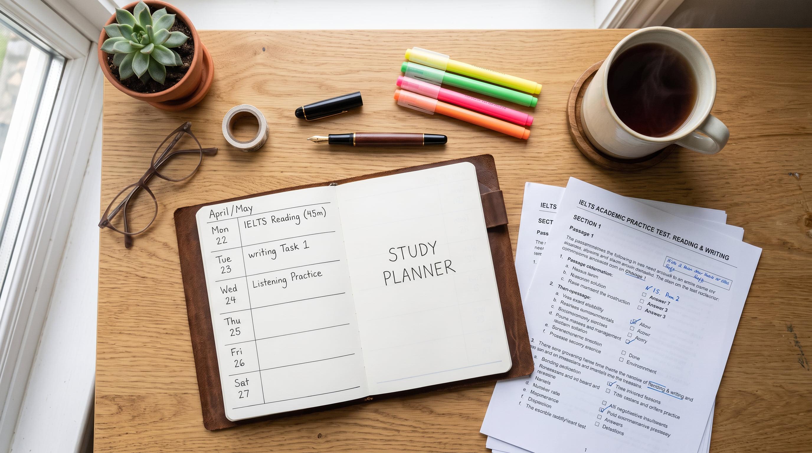 Study desk with IELTS practice materials, notebooks, and a planner