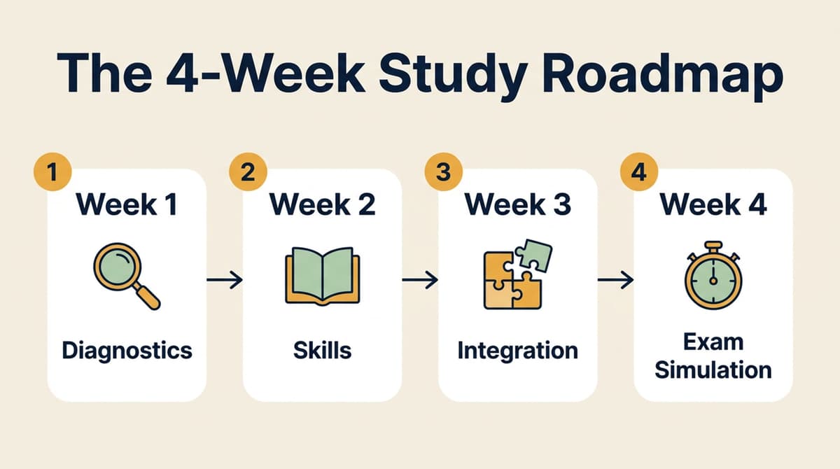 A diagram showing a four-week study plan architecture: Week 1 Diagnostics, Week 2 Skills, Week 3 Integration, Week 4 Exam Simulation.