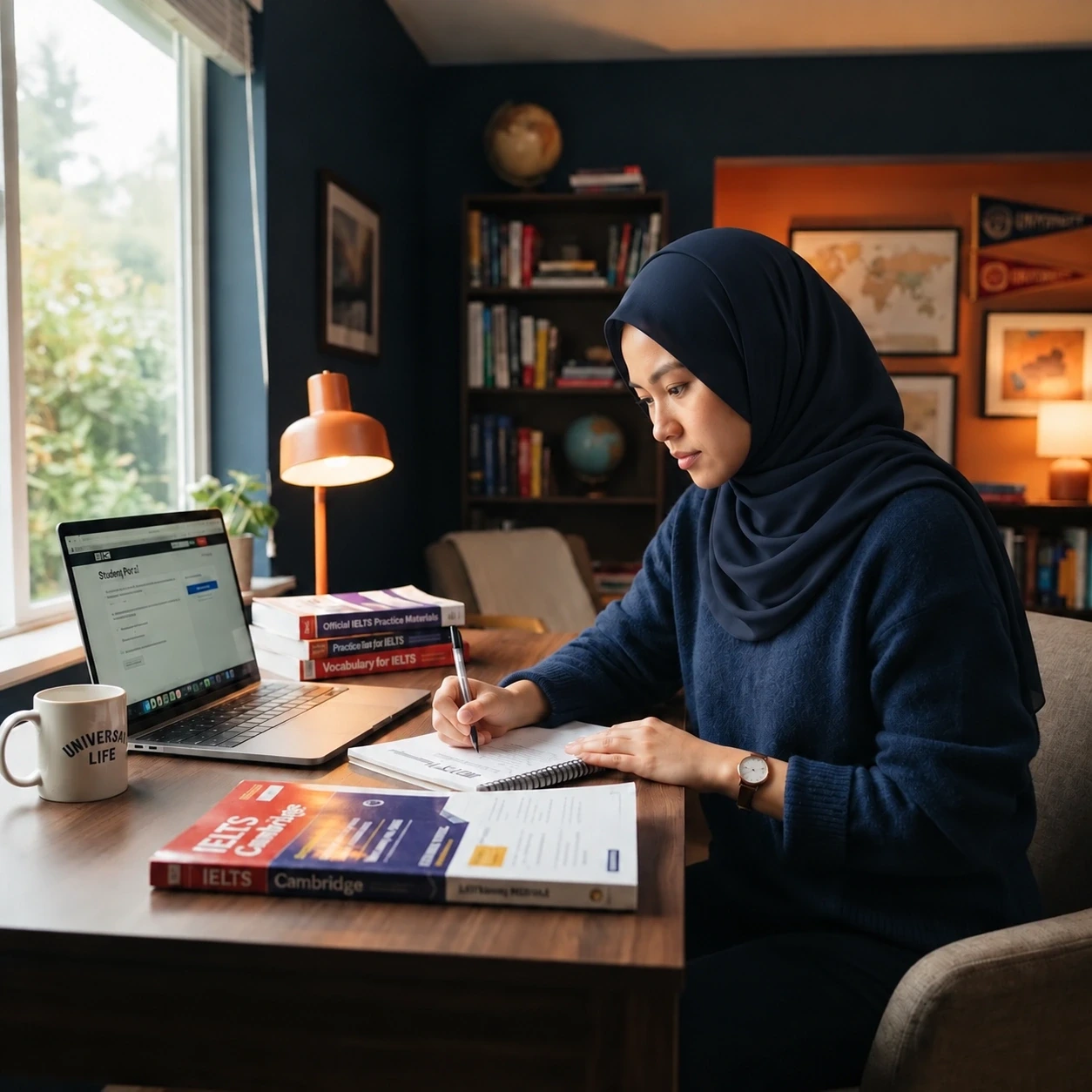 A student working through IELTS practice at a desk