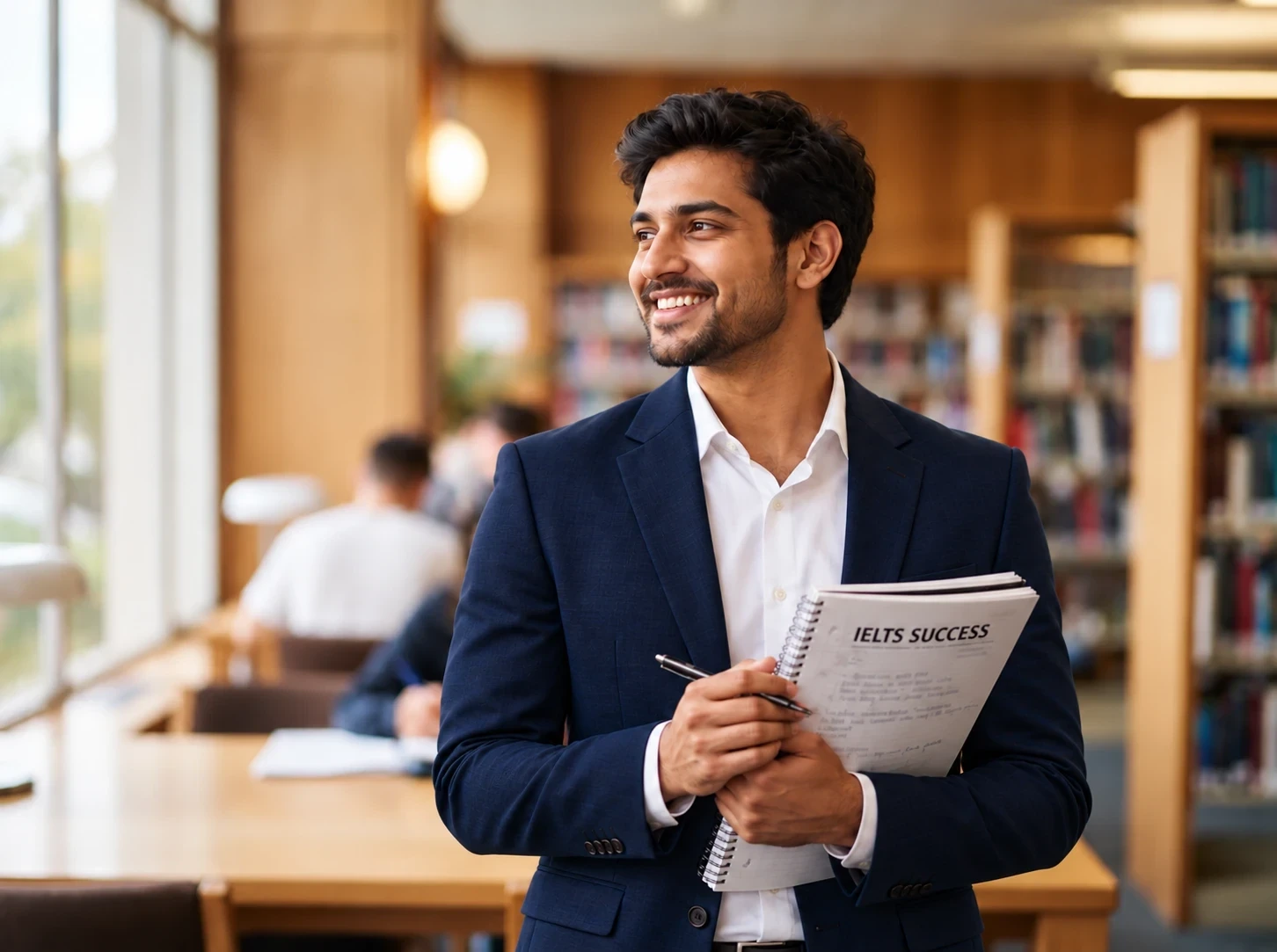 A student holding an IELTS notebook in a library