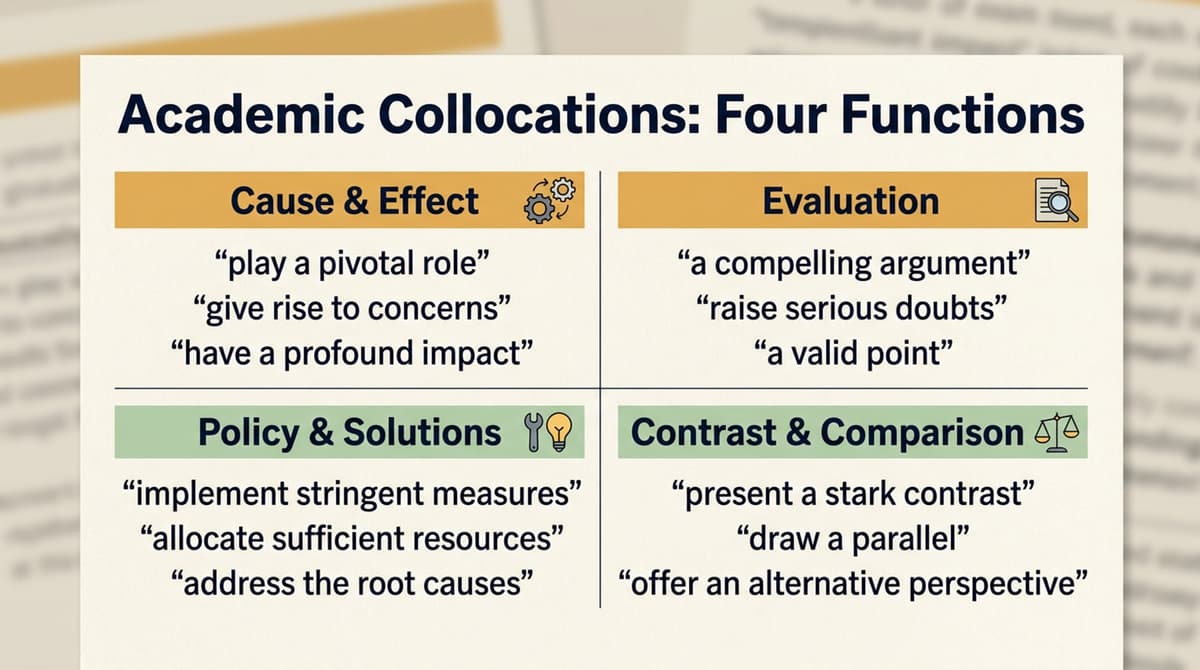 A matrix showing four categories of academic collocations: Cause & Effect, Evaluation, Policy, and Contrast.