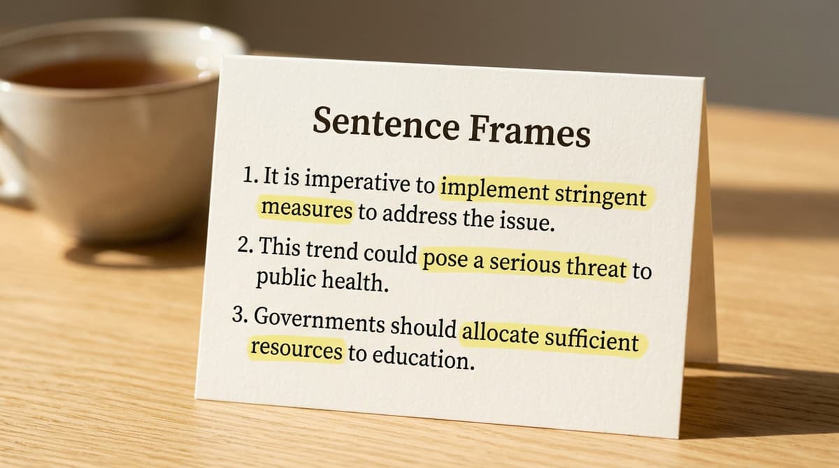 A template showing how to integrate collocations into complex sentences, with examples like 'It is imperative to implement stringent measures to address the issue.'