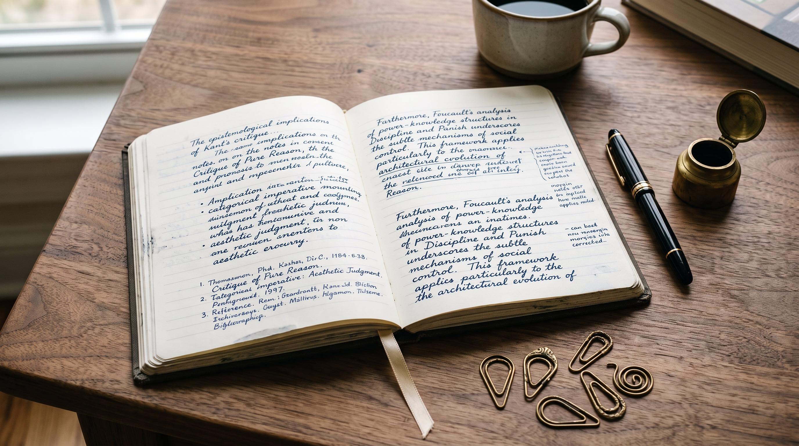 Open academic essay notebook with fountain pen and collocation highlighters