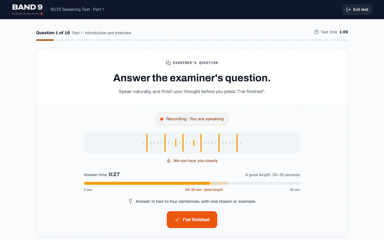 Speaking test: recording live with a waveform, an answer timer and an I've finished button.